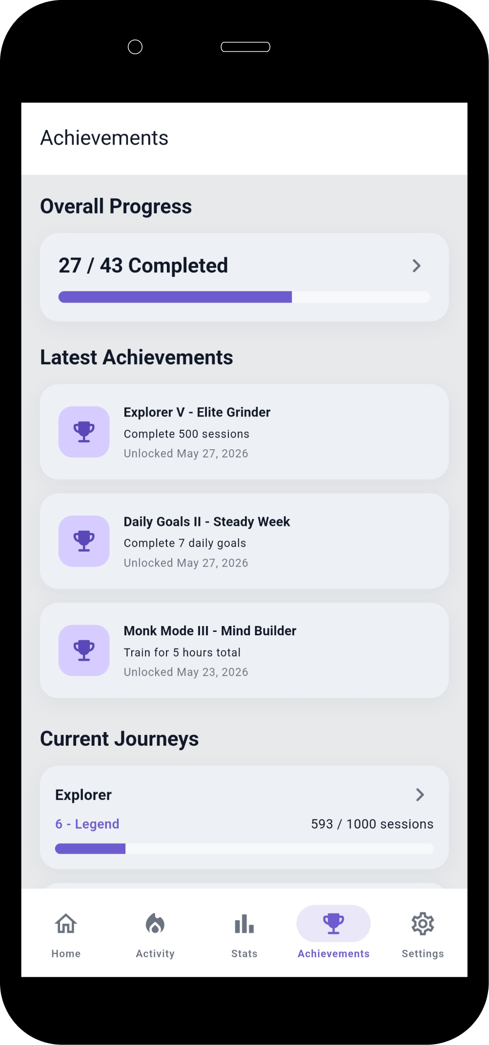 Schulte Vision Trainer achievements screen with milestones and progression badges.