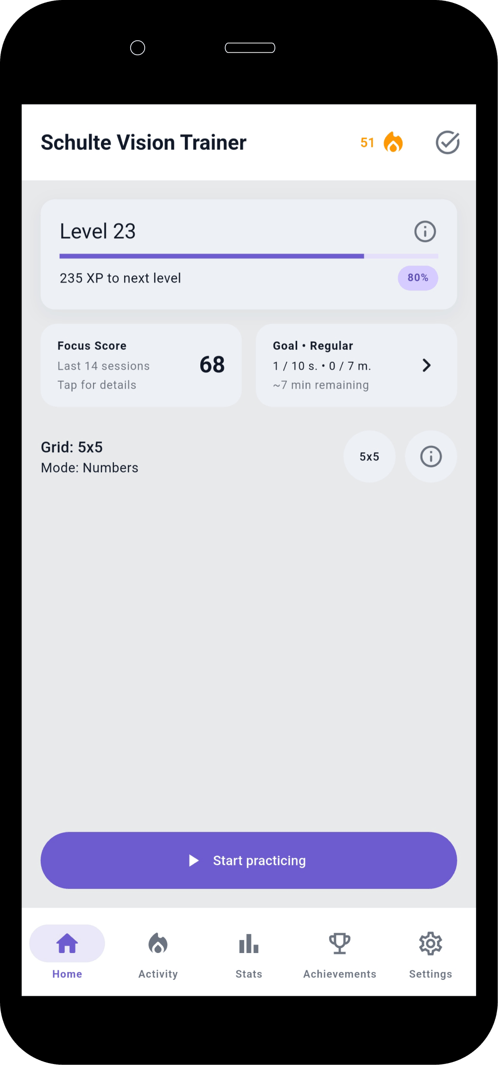 Schulte Vision Trainer home dashboard with goals, focus score and progression.