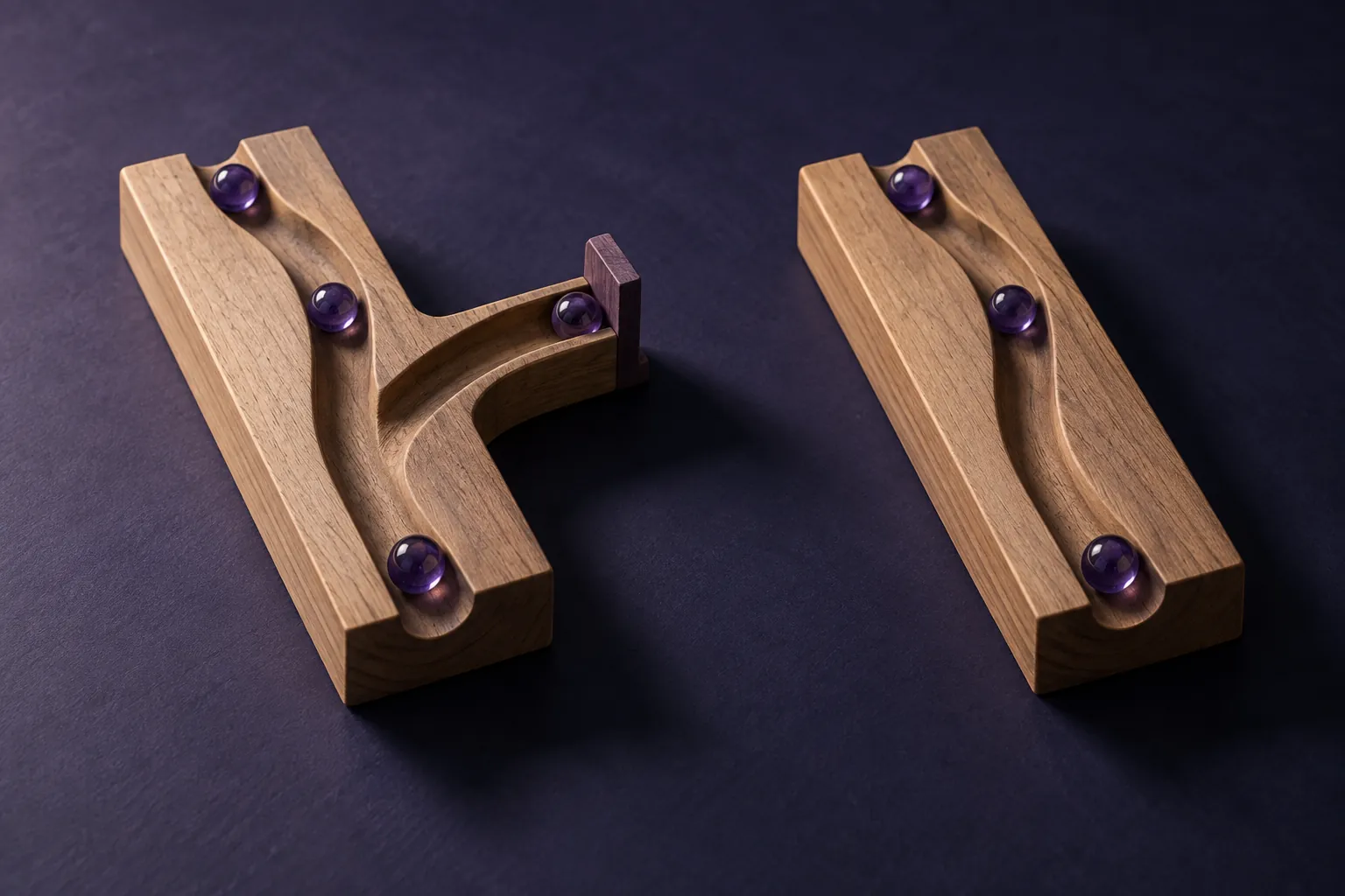 Two wooden tracks: one includes a gated side branch, while the other has only a straight channel.