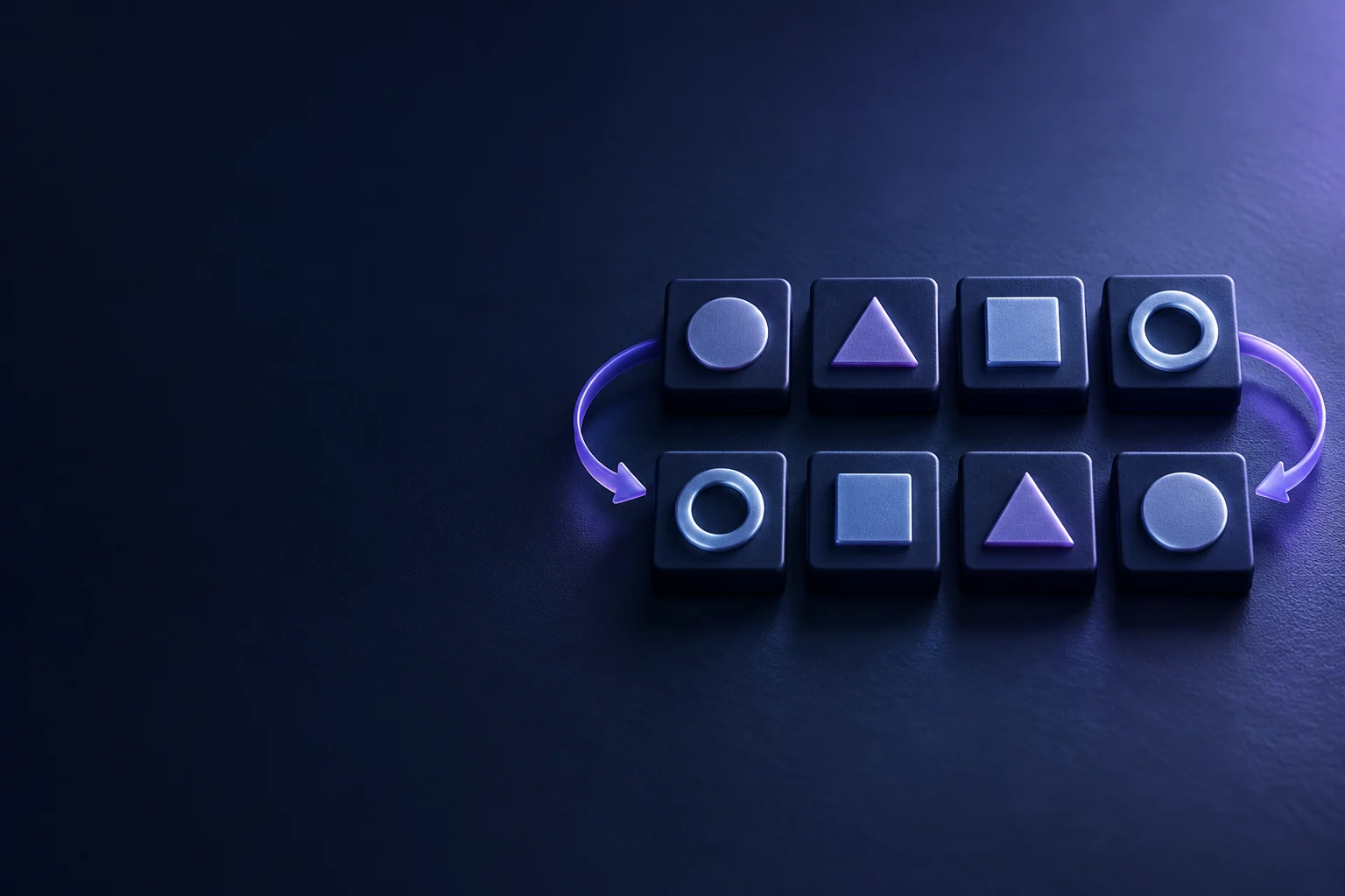 Two rows of navy tiles with abstract shapes in reverse order, linked by violet arrows on a dark desk.