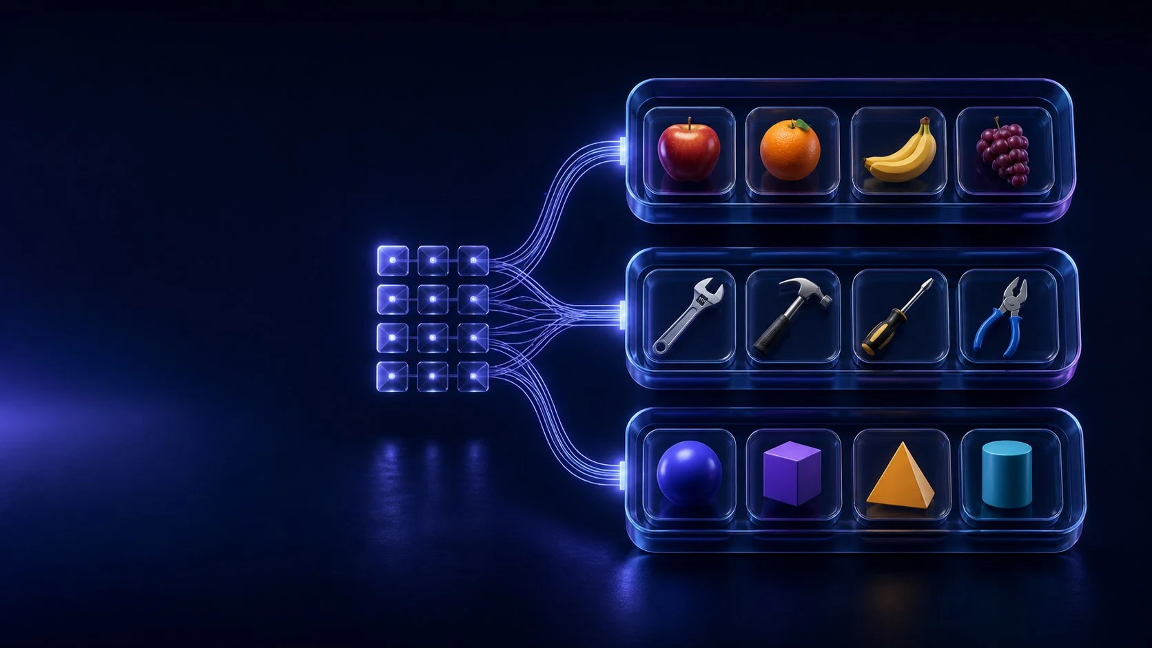 Twelve objects arranged into three glowing groups to illustrate memory chunking.