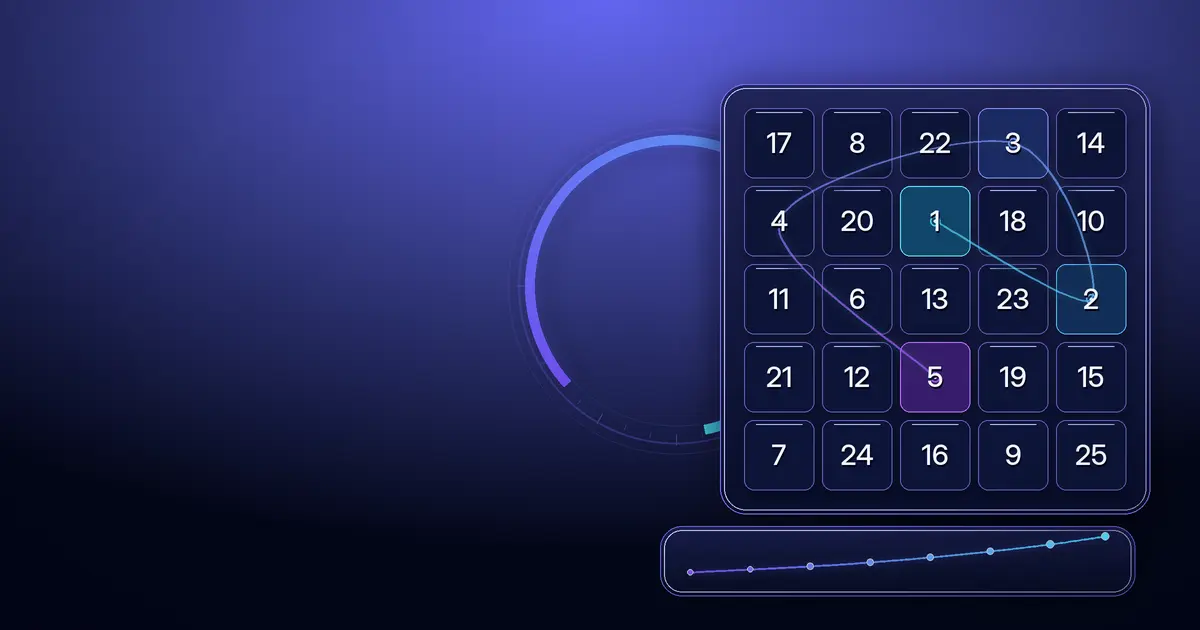 Schulte table improvement guide showing a 5 by 5 number grid, timer, and progress concept.