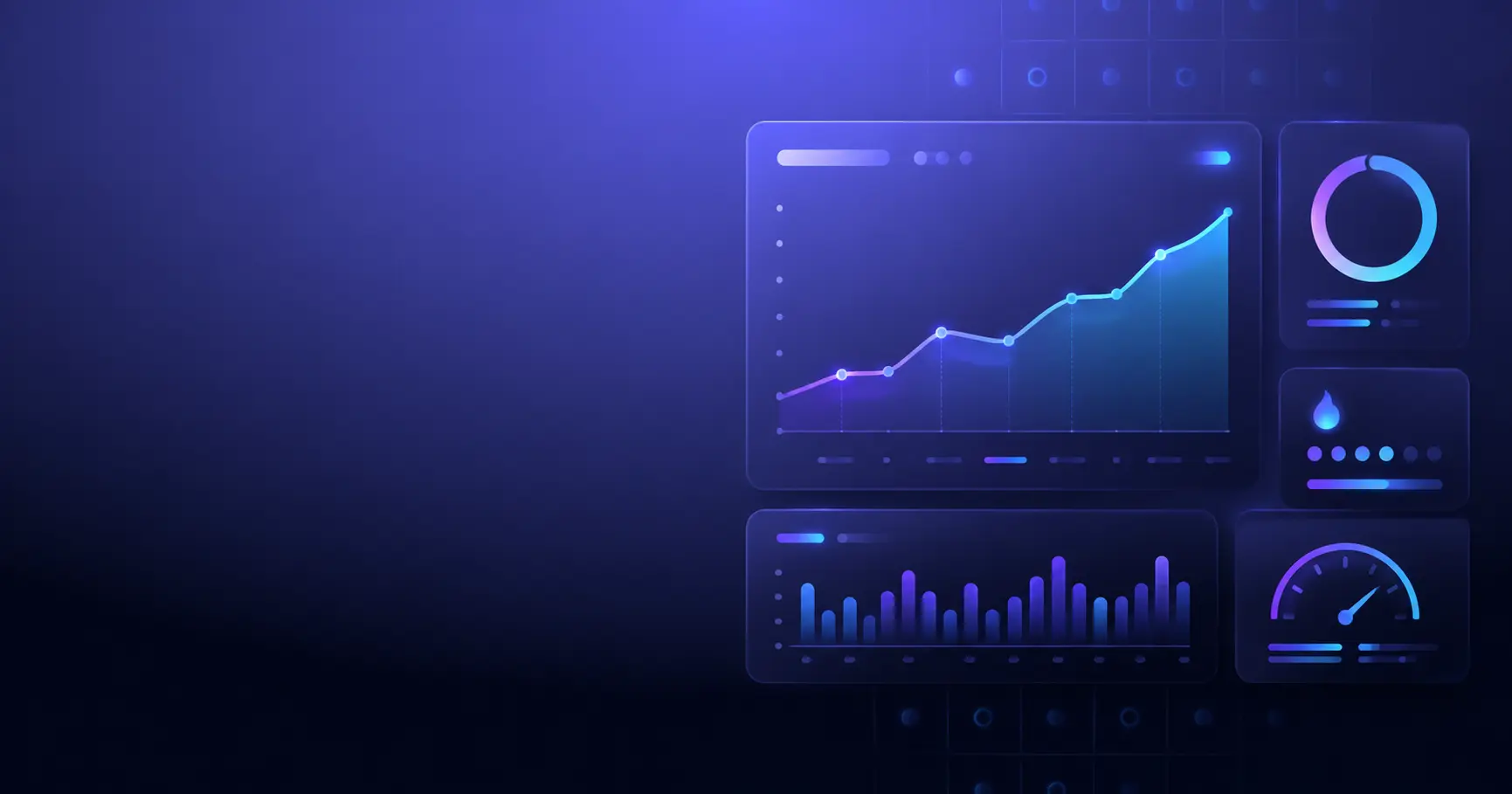 Performance dashboard illustration with line charts, bar graphs, and circular metrics on a dark indigo background, representing focus tracking.