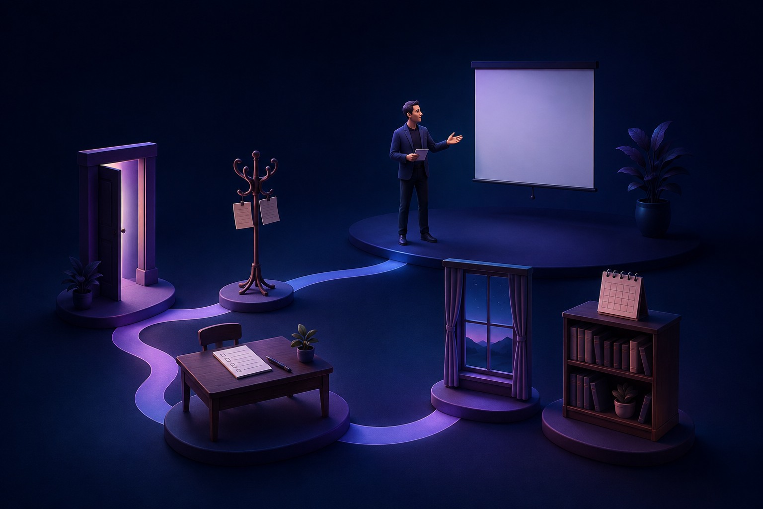 A presenter with a cue card beside a screen and a glowing route through familiar landmarks.