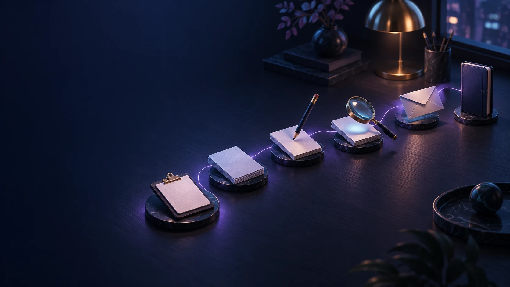 Six objects connected by a violet ribbon on a dark desk represent successive work steps.