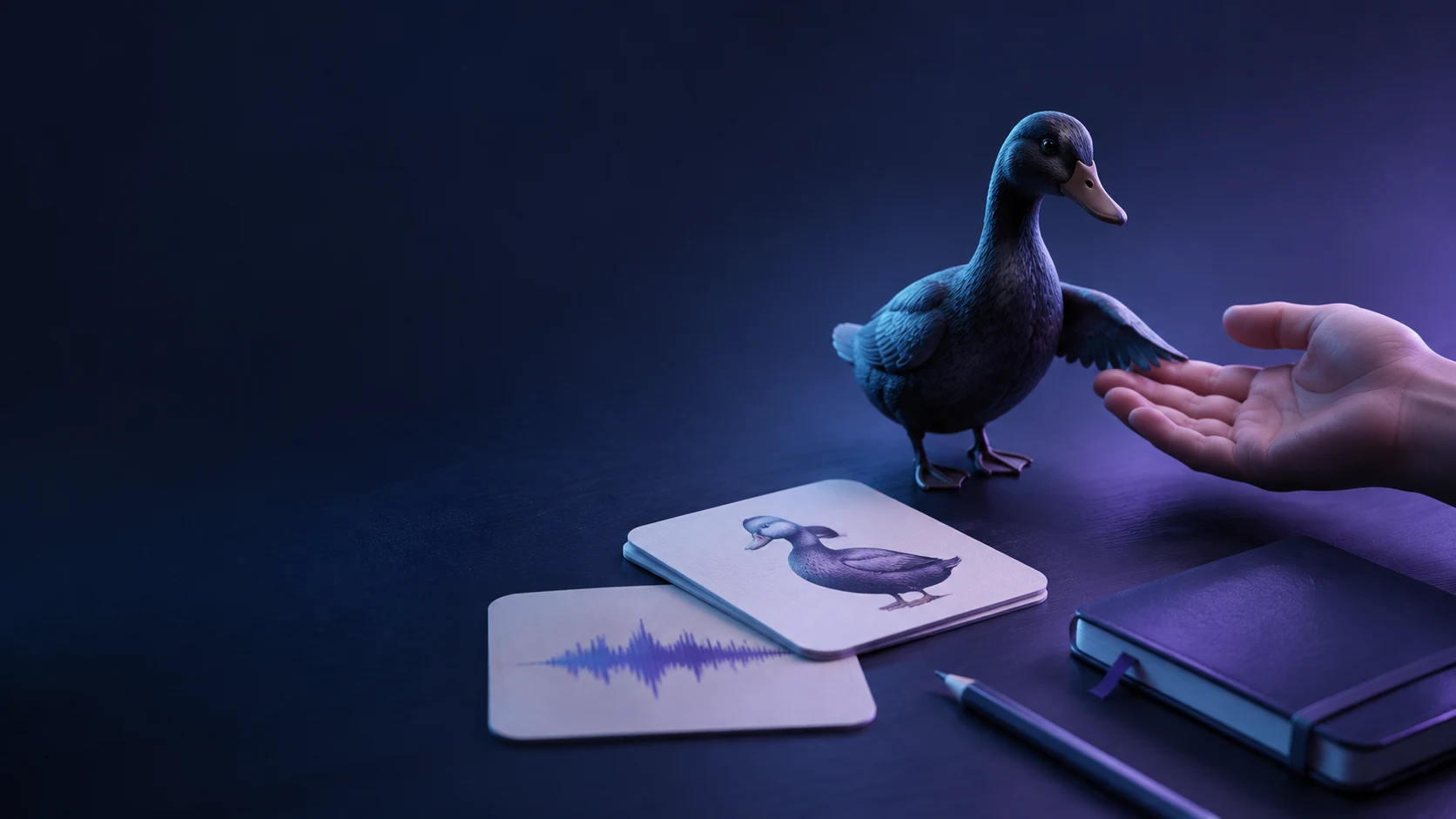 A duck touches an open hand with its wing beside duck and sound-wave flashcards and a notebook.