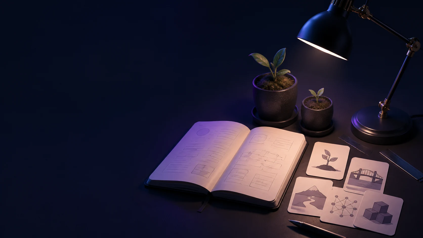 Open notebook, illustrated memory cue cards, and two seedling pots under a desk lamp.