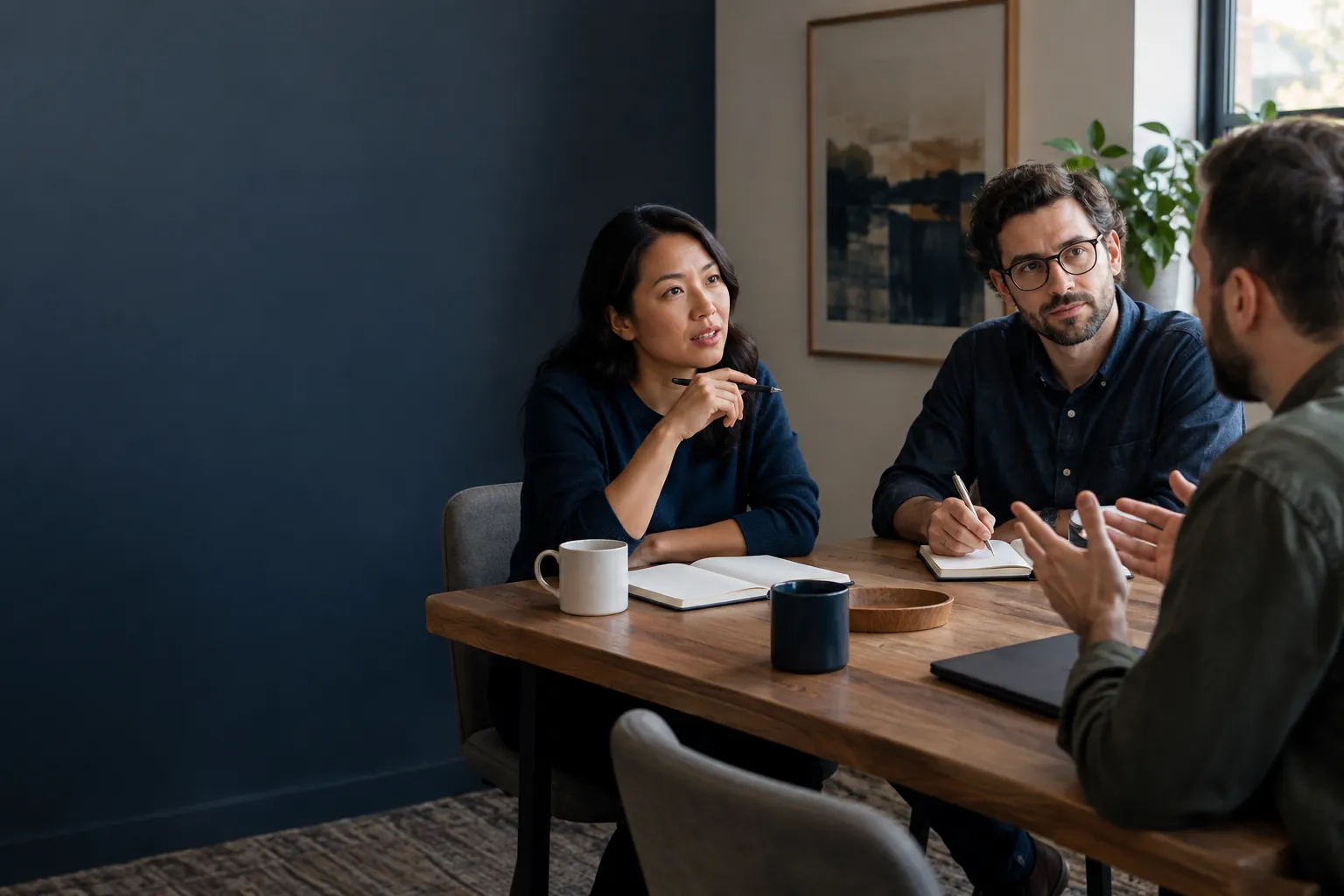 Three colleagues discussing a task, with one listening attentively and another taking notes.