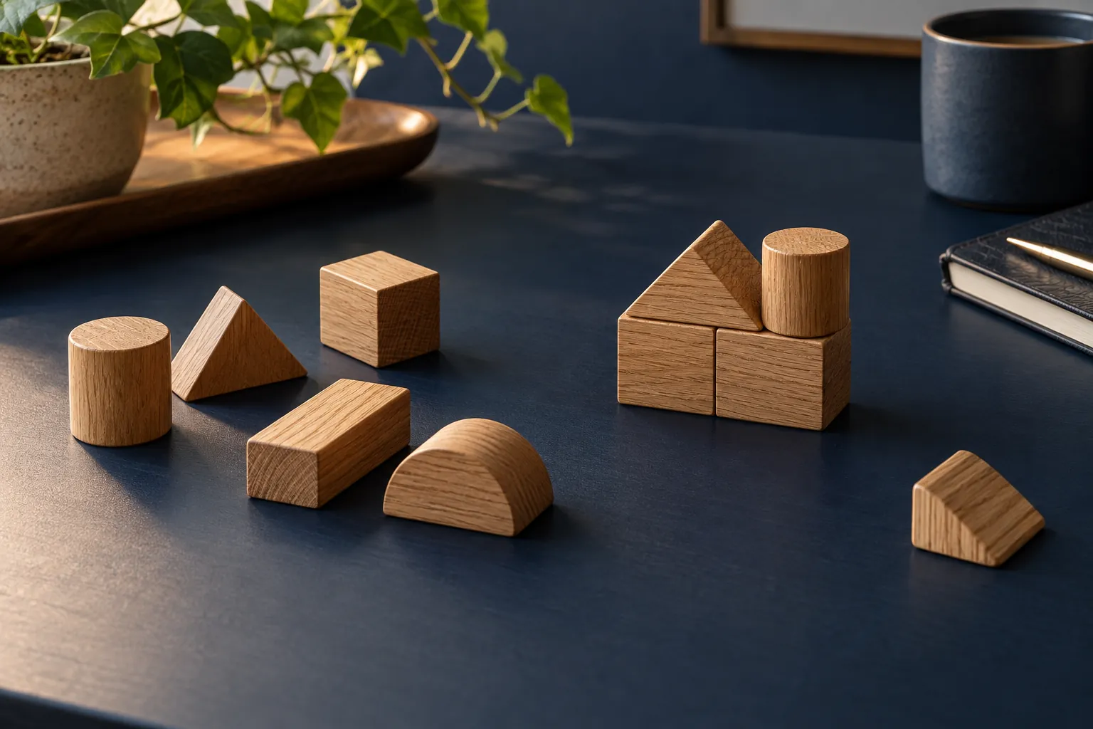 Loose wooden shapes beside an assembled group, with a separate piece still unconnected.
