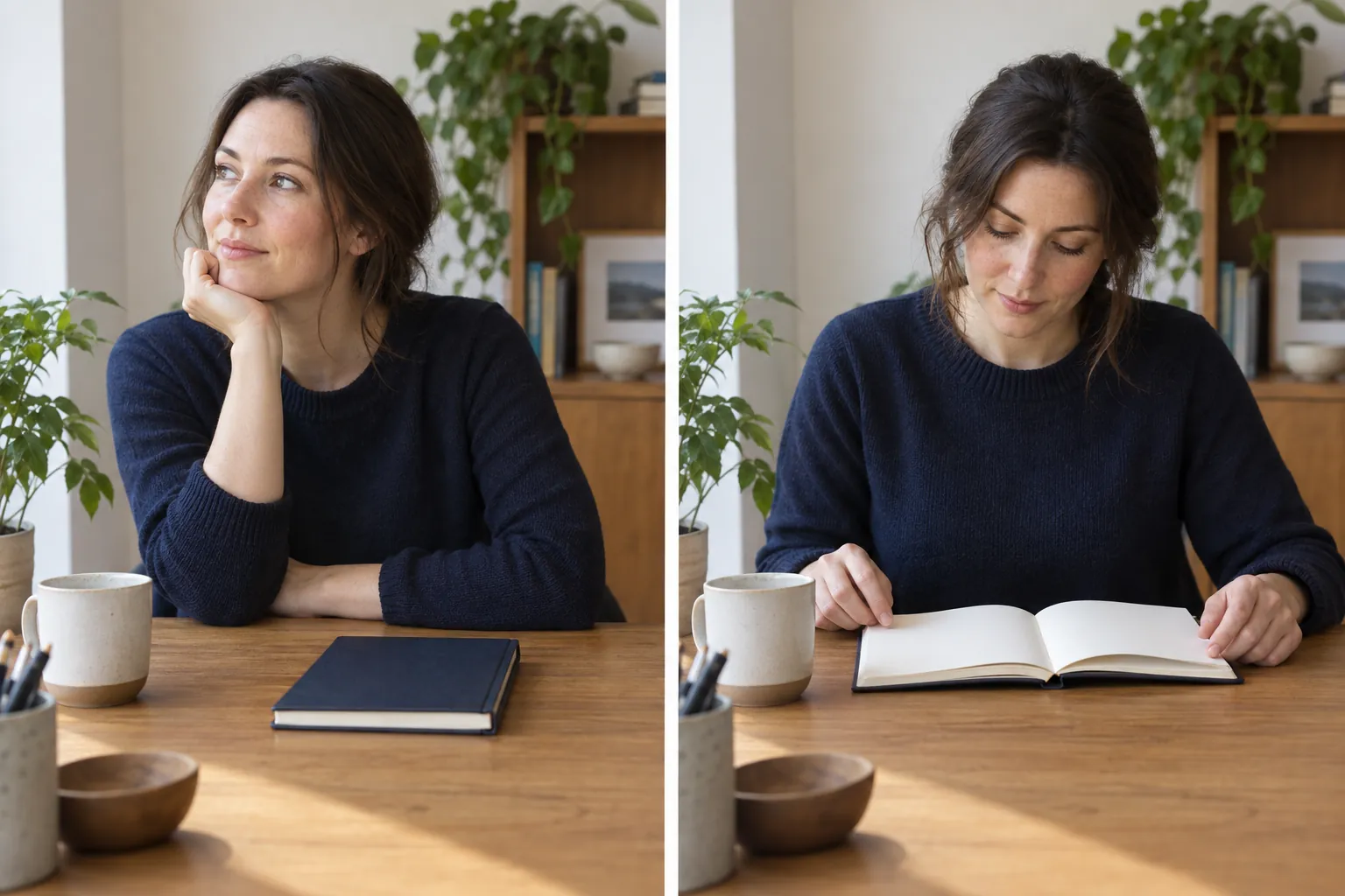 Two views of a woman at a desk: pausing with a closed notebook, then looking at it open.