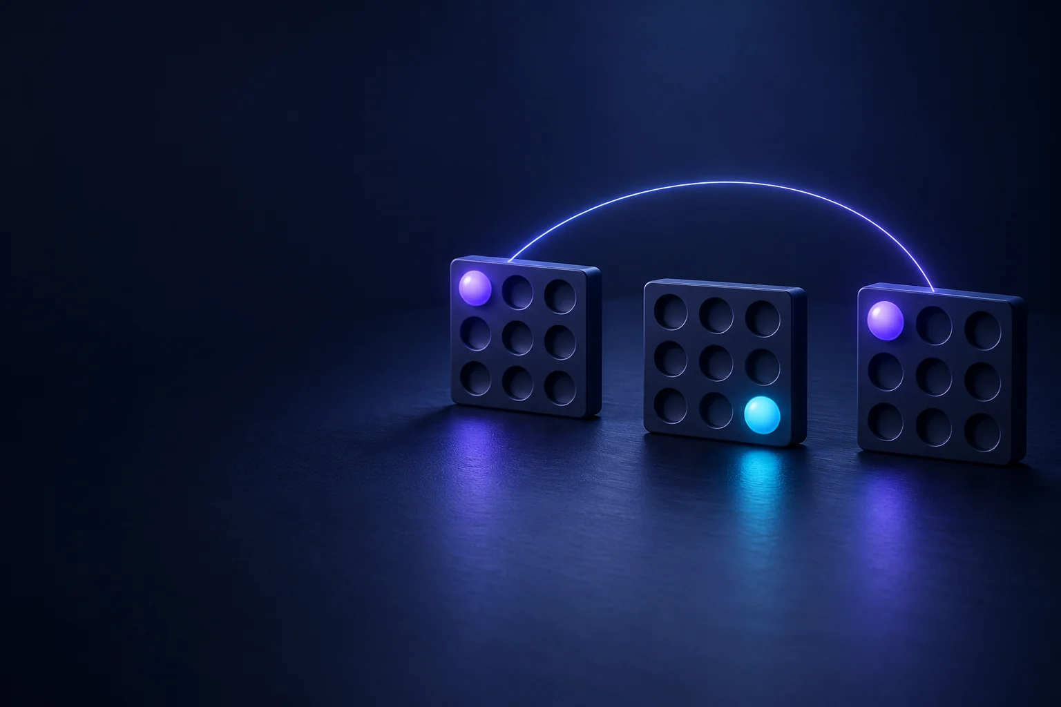 Three navy nine-cell boards with matching violet positions on the outer boards and a cyan position on the middle board.