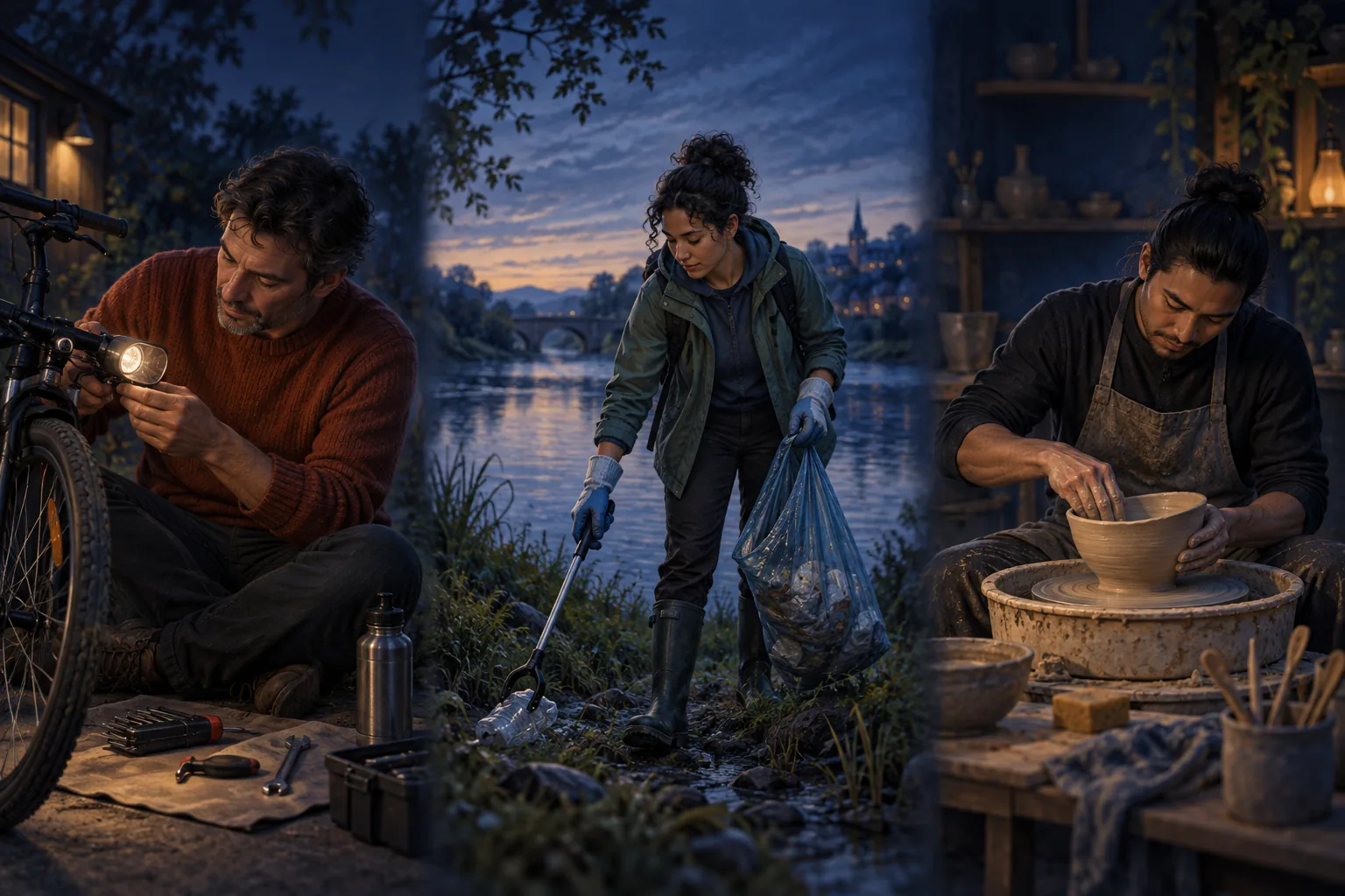 Three illustrative scenes: repairing a bicycle light, collecting litter beside a river and shaping a clay bowl.