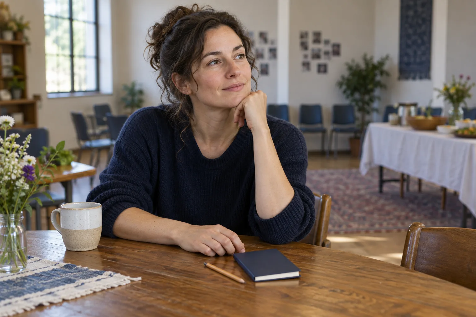 A person pauses at a table with a closed notebook before checking their notes.