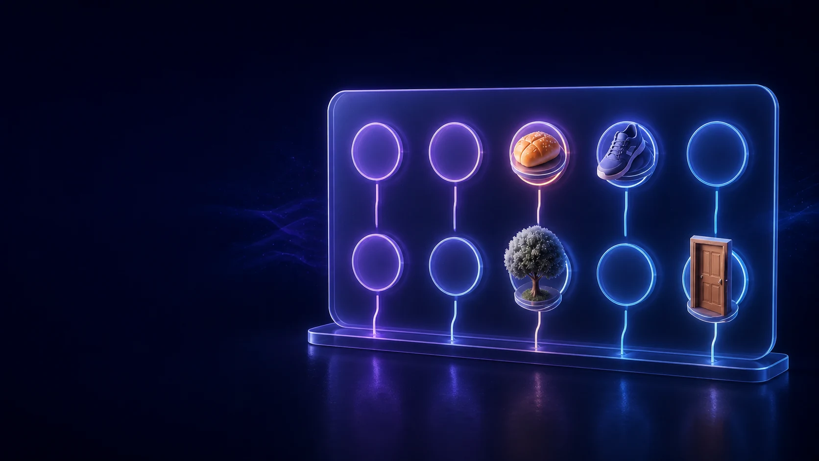 Peg System guide illustration with ten glowing memory hooks and bun, shoe, tree, and door peg objects on a dark indigo background.