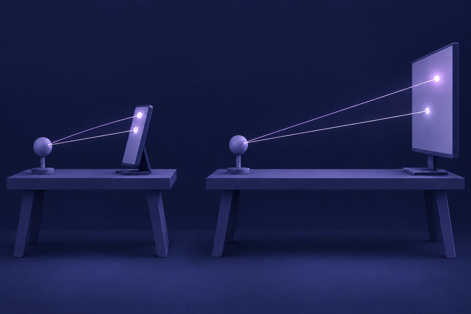 Two conceptual viewing setups with rays from an observation point to central and offset points on a phone and a larger screen.