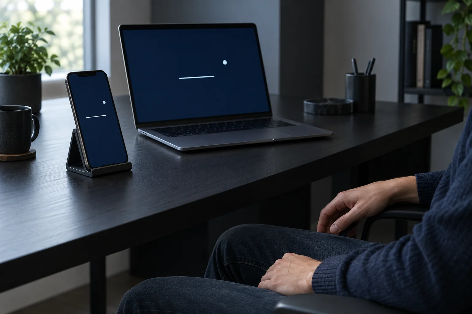 A phone on a stand and a laptop on a desk, with both screens unobstructed and the user's hands resting away from them.