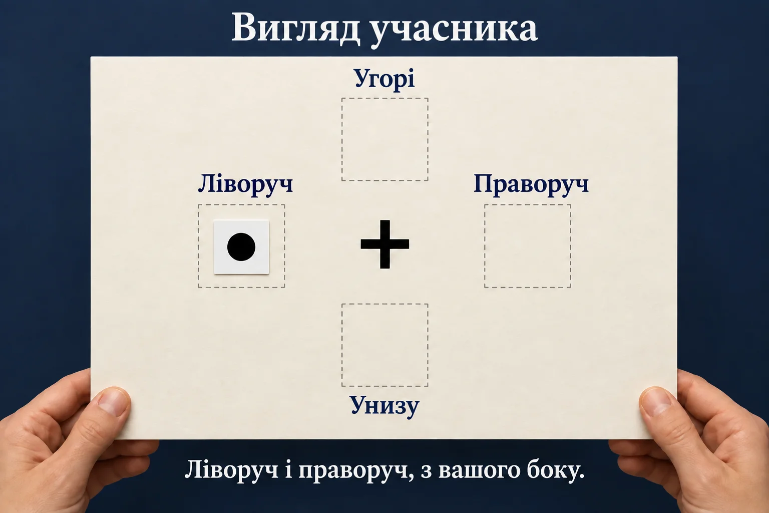 Вигляд із боку учасника: хрестик у центрі, чотири ділянки та коло ліворуч. Руки тримають нижні кути й не закривають завдання.