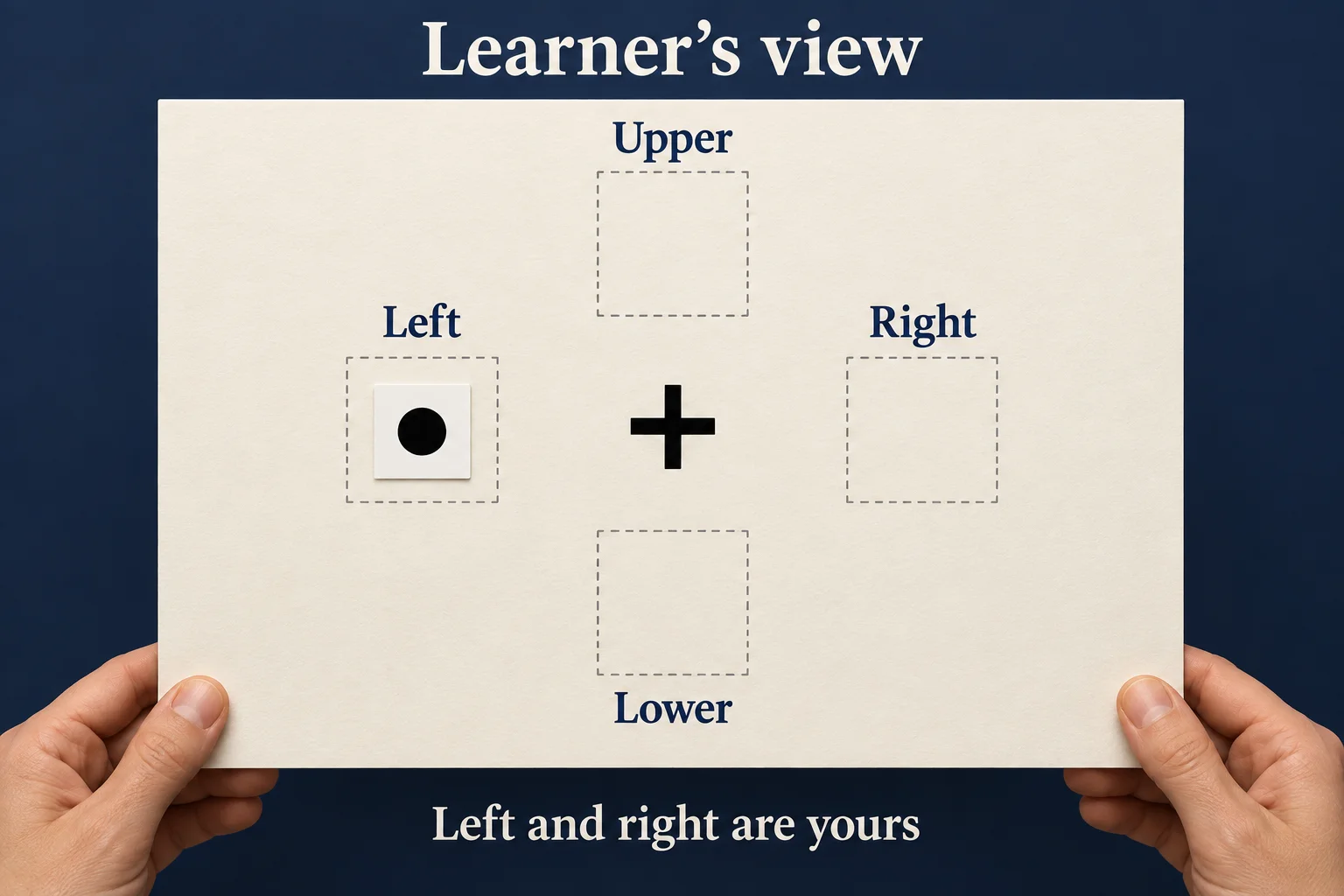 Learner-view paper board with upper, lower, left and right areas, a centre cross and a circle in the left area. Hands hold the bottom corners clear of the task.
