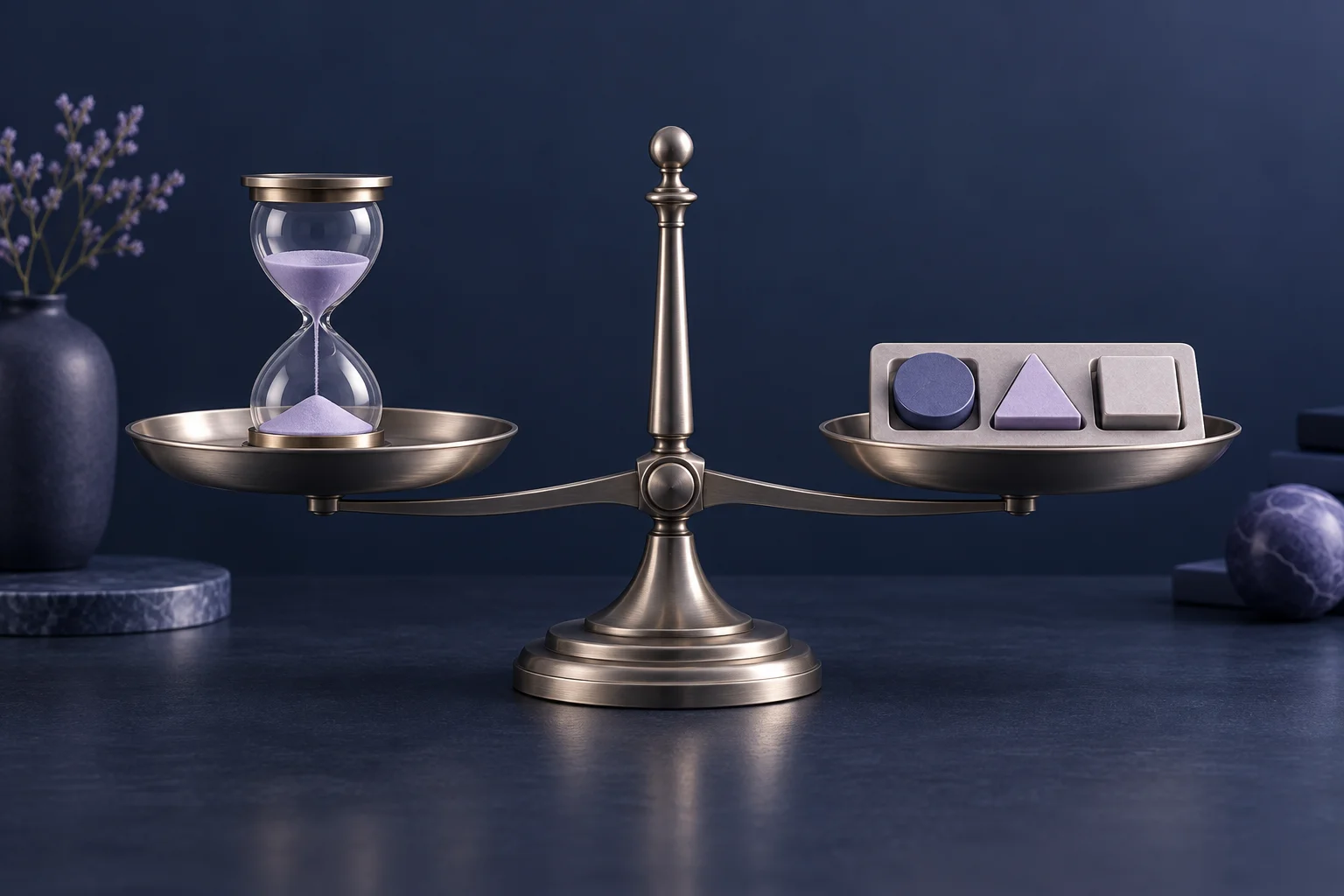 A level two-pan scale holds an hourglass on one side and geometric pieces fitted into matching slots on the other.
