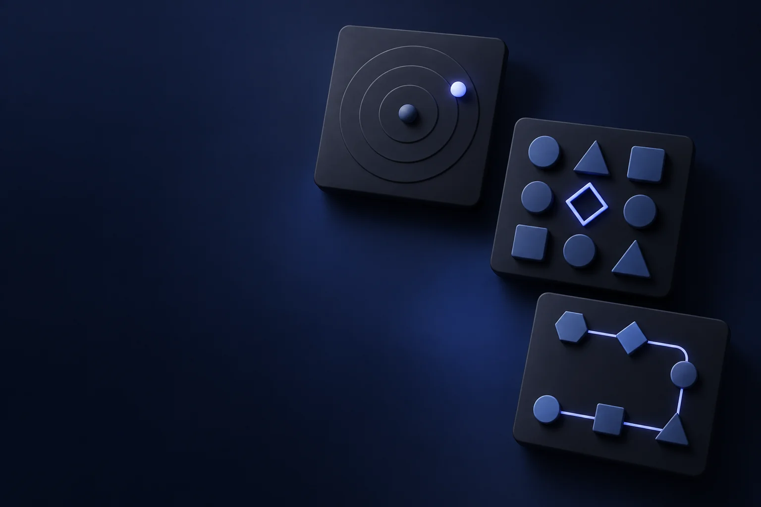 Three dark panels show an off-centre target, a diamond among shapes and a path connecting geometric elements.