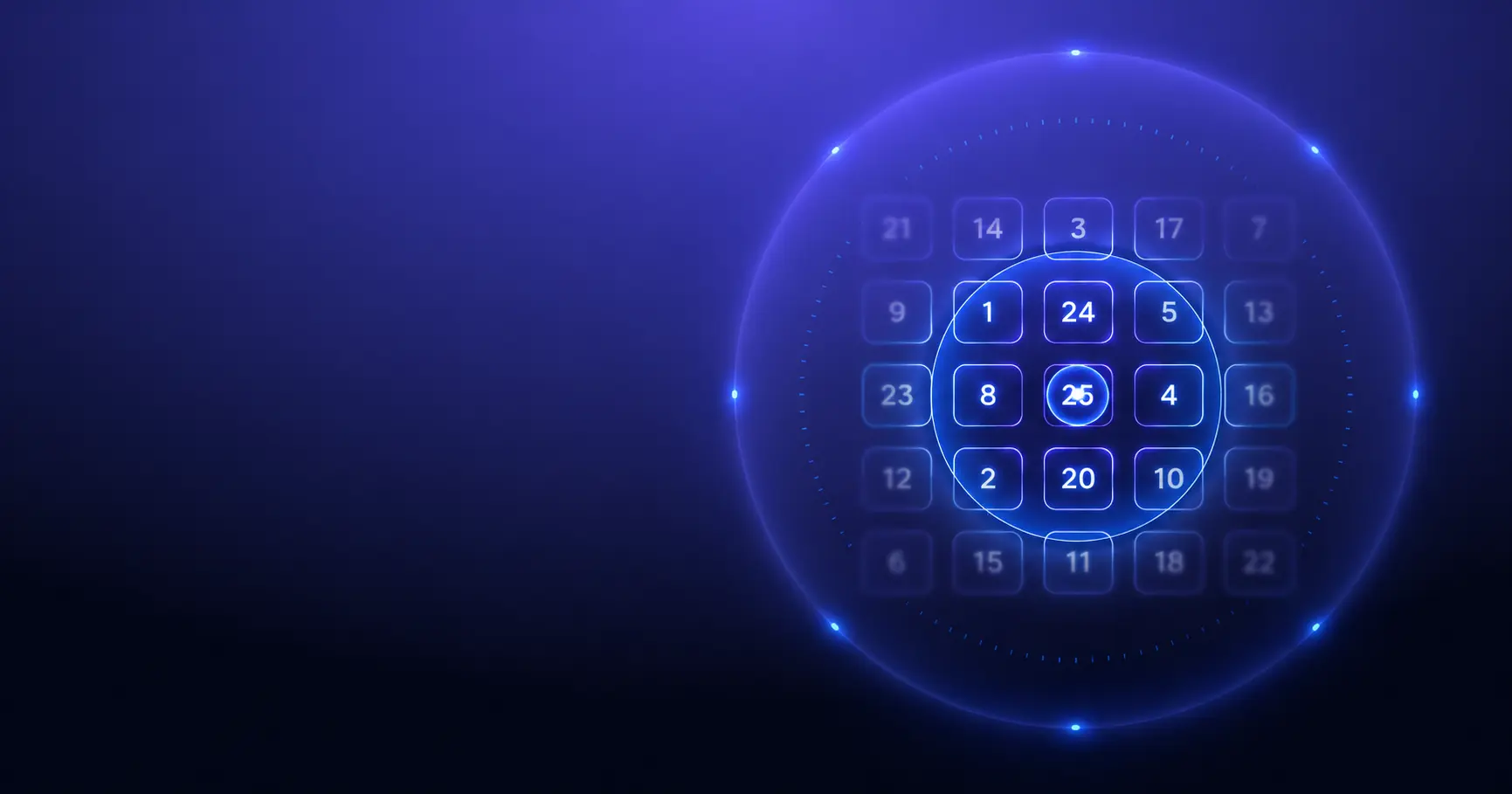 Glowing Schulte table surrounded by circular visual field rings on a dark indigo background, representing peripheral vision training.