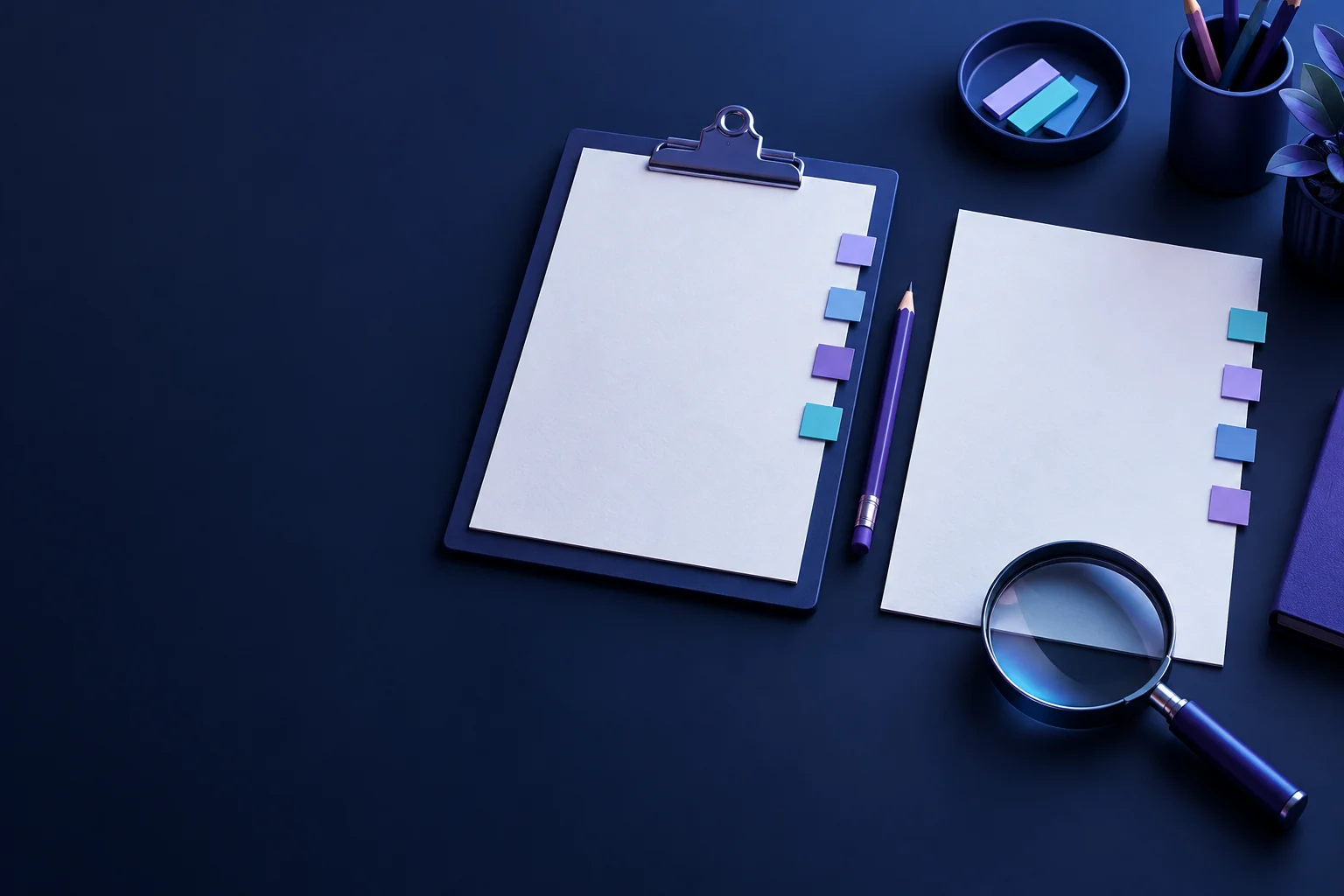 Illustration of an approved brief and a draft document with matching tabs and a pencil.