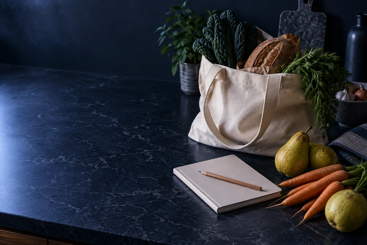 A canvas grocery bag, closed notebook, pencil, pears and carrots on a dark kitchen counter.