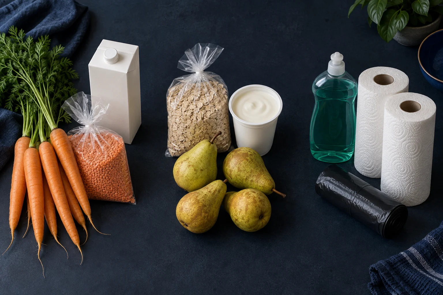 Three groups of shopping items: soup ingredients, breakfast foods with four pears, and household supplies.