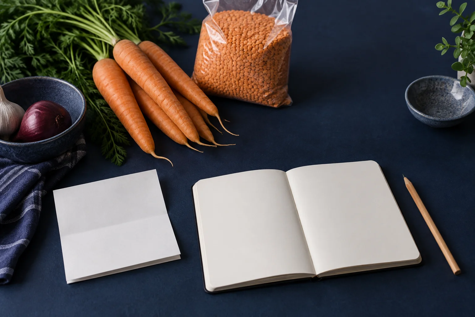 A folded note and blank notebook beside carrots and red lentils on a dark tabletop.