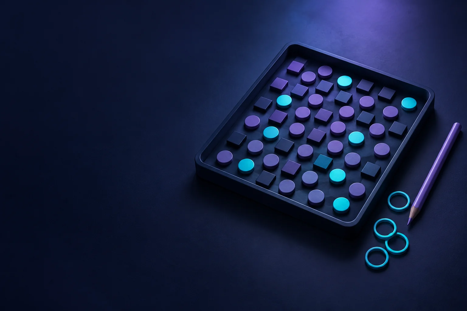 Orderly tactile shape tokens with a separate matching marker on a deep navy background