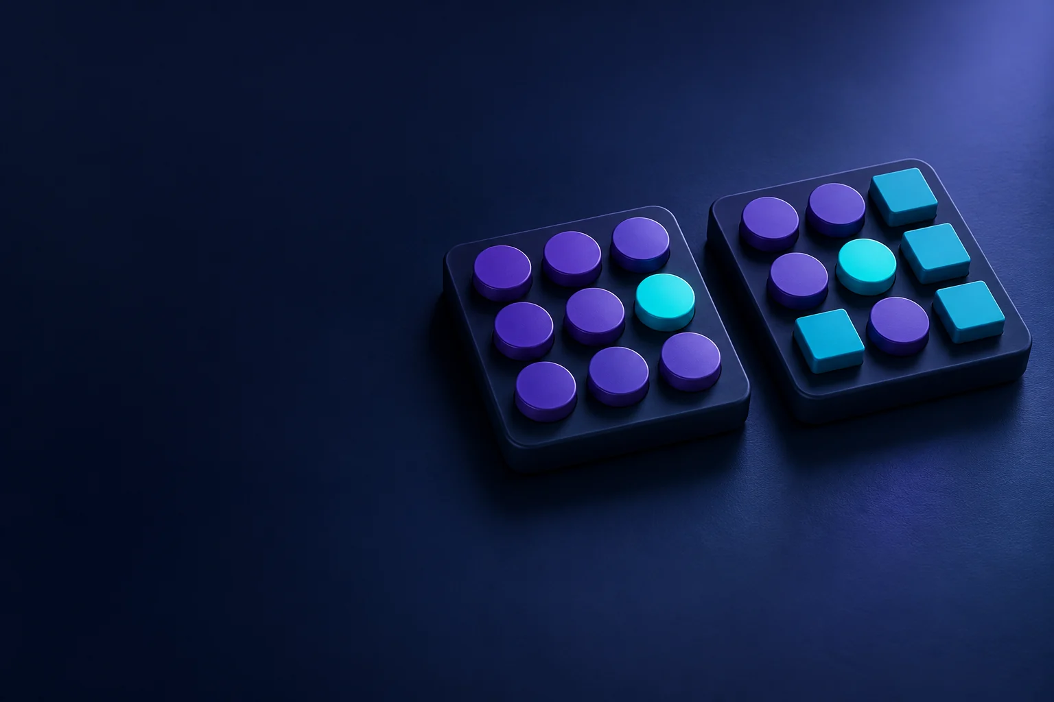Tactile violet and cyan shapes arranged in two conceptual search arrays on a dark navy surface.