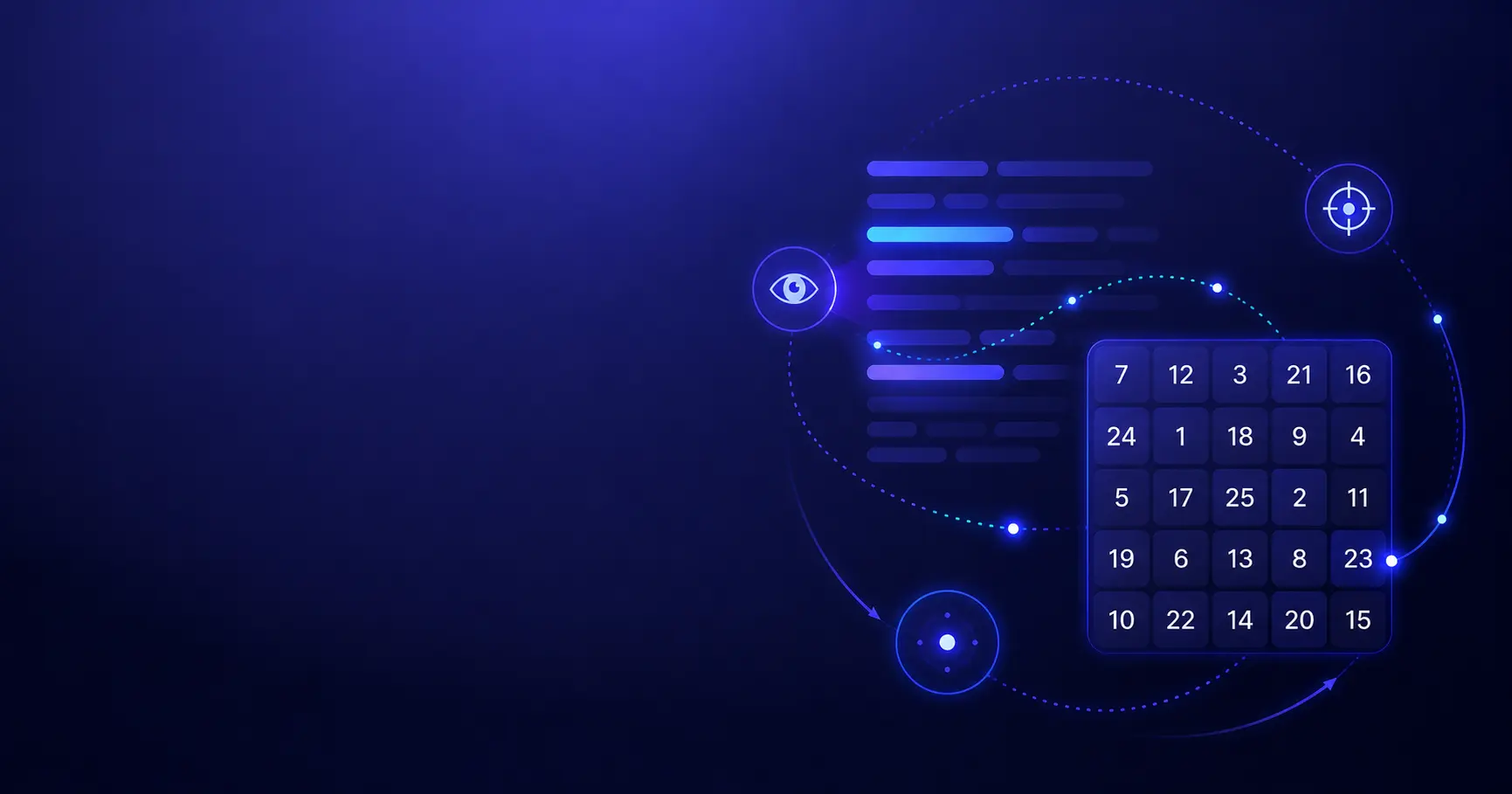 Glowing Schulte table beside stylized lines of text and eye tracking icons, representing reading speed and visual scanning practice.