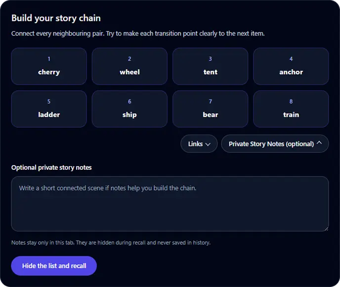 Story Chain Memory Trainer build screen with four ordered word cards and compact links and private notes controls.