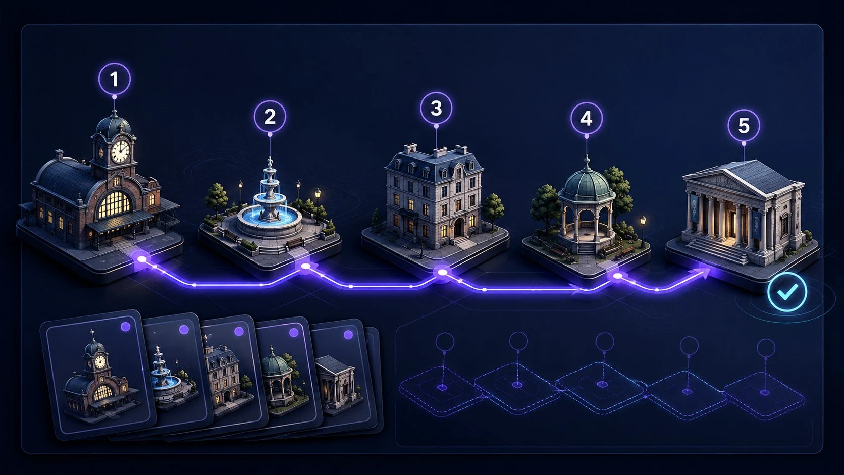 Five numbered landmarks connected from a railway station to a museum by a glowing verified route.
