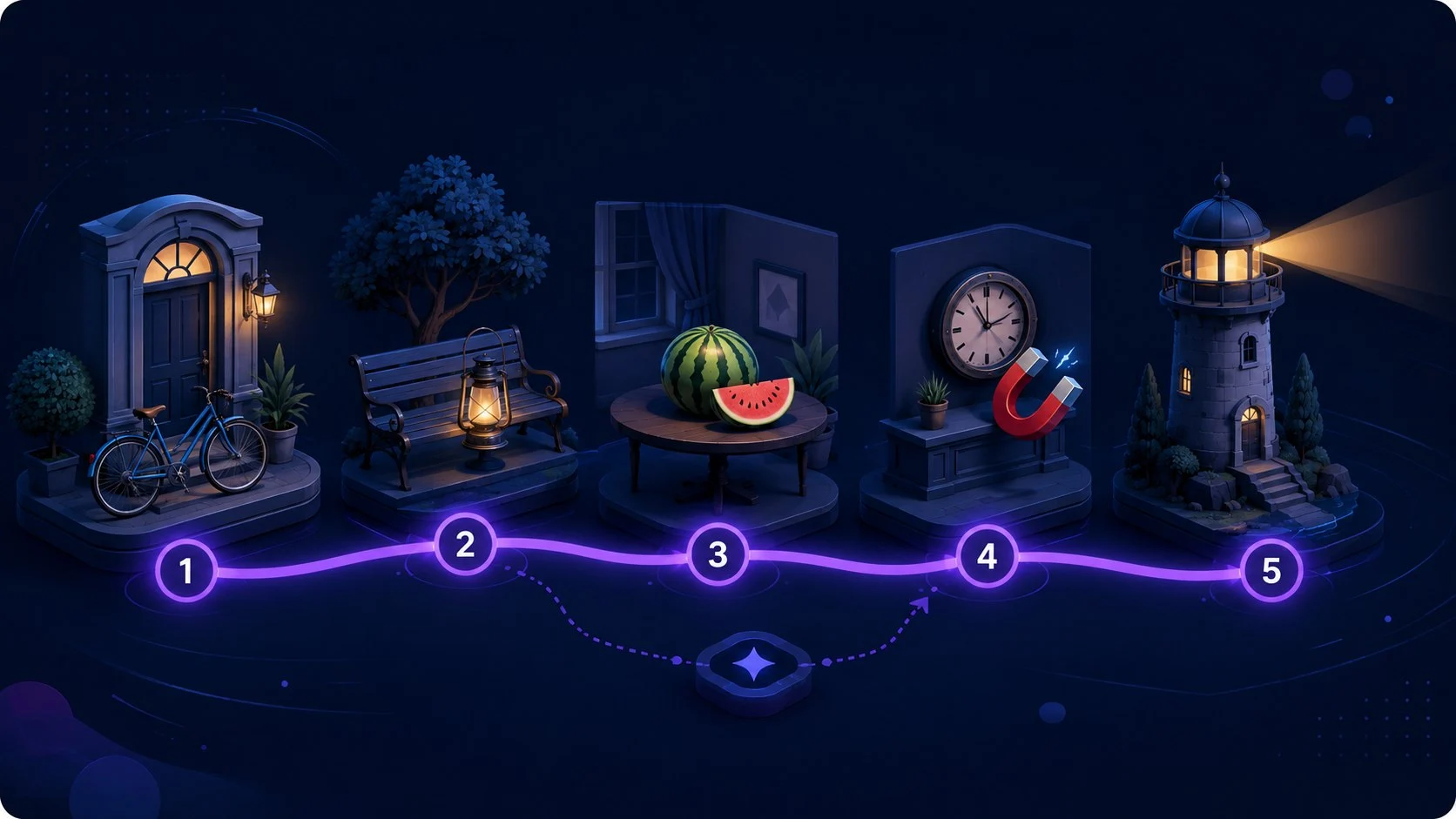 Five numbered memory palace locations with vivid objects attached along a glowing recall route.