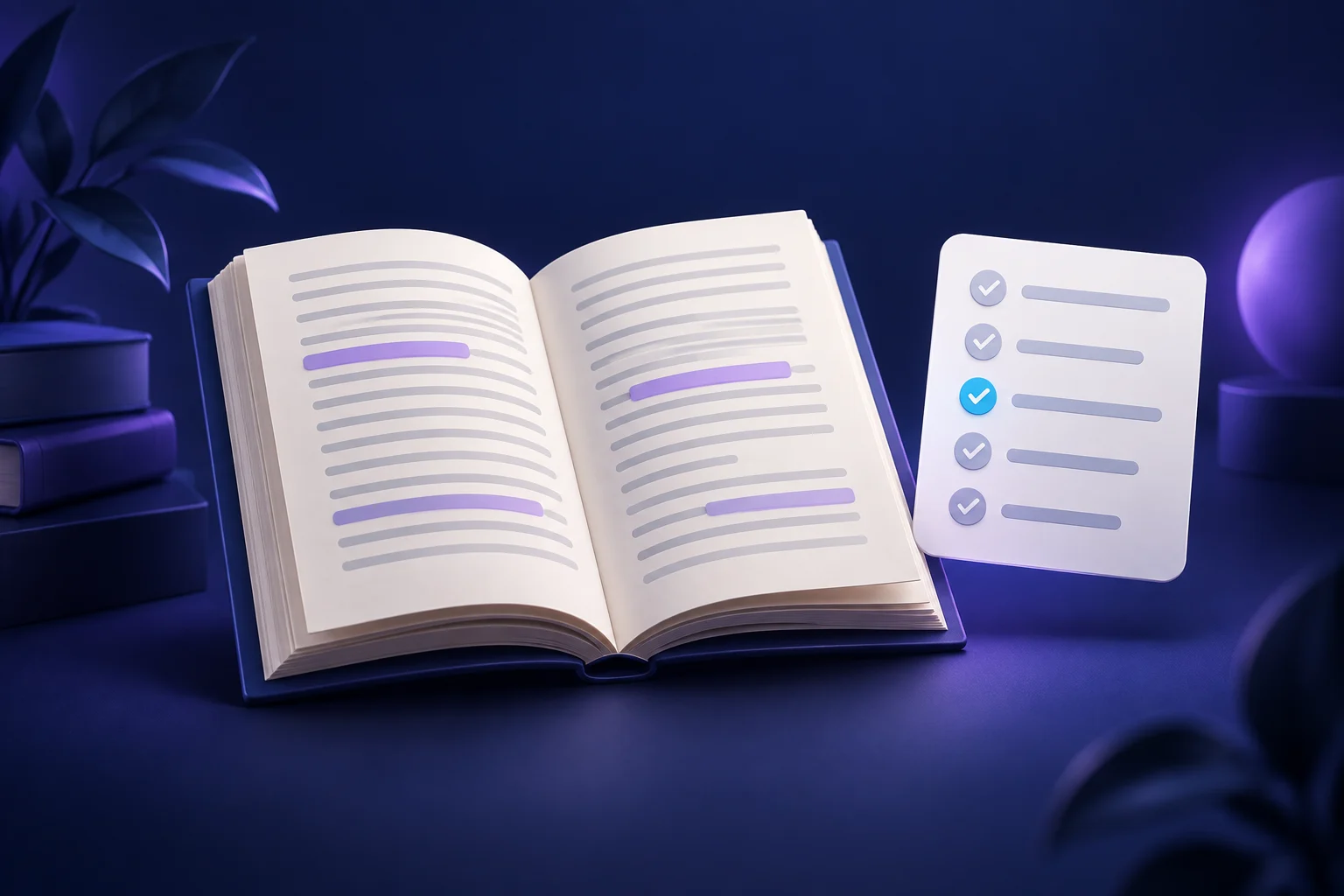 An open book with highlighted lines beside a five-answer checklist on a dark indigo background.
